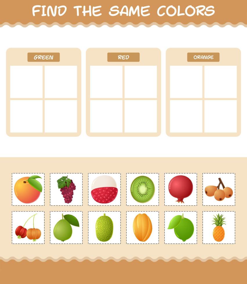 encontrar los mismos colores de las frutas. juego de búsqueda y combinación. juego educativo para niños y niños pequeños en edad preescolar vector