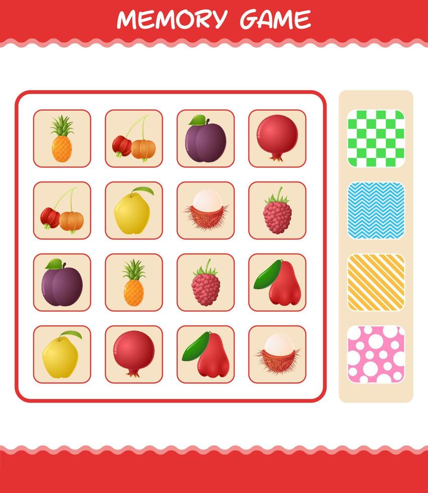 Memory games with cartoon fruits. Learning cards game. Educational game for pre shool years kids and toddlers vector