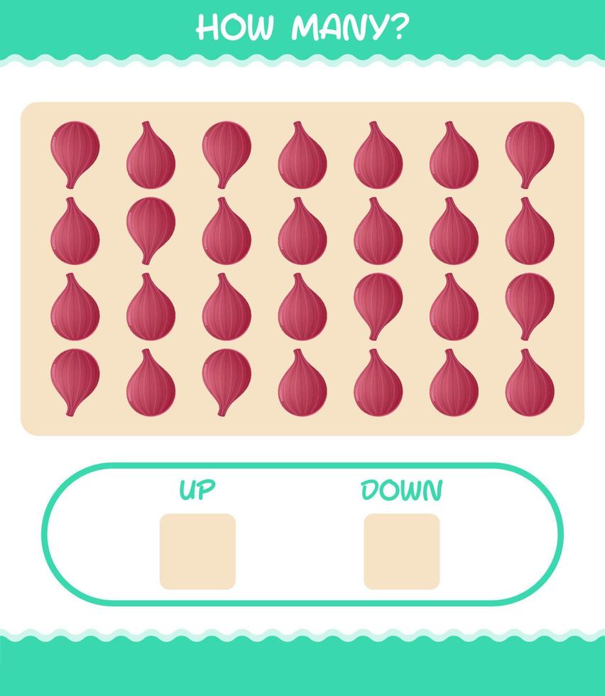 How many cartoon red onion. Counting game. Educational game for pre shool years kids and toddlers vector