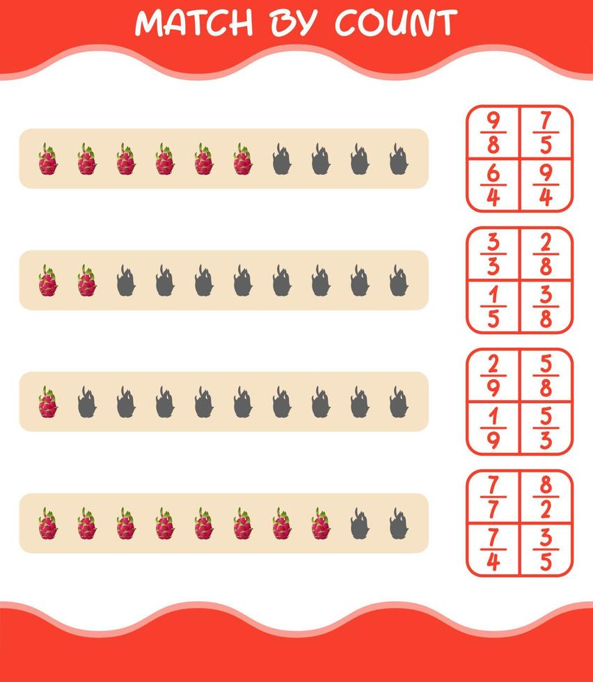 Match by count of cartoon dragon fruit. Match and count game. Educational game for pre shool years kids and toddlers vector