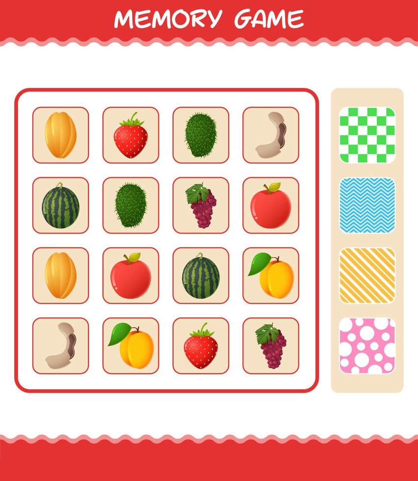 juegos de memoria con frutas de dibujos animados. juego de cartas de aprendizaje. juego educativo para niños de edad preescolar y niños pequeños vector