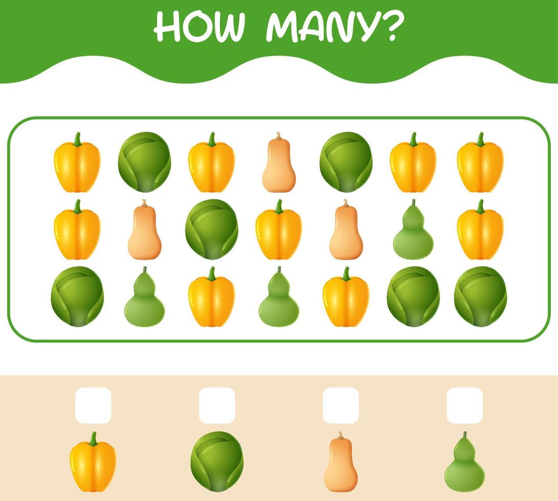 How many cartoon vegetables. Counting game. Educational game for pre shool years kids and toddlers vector