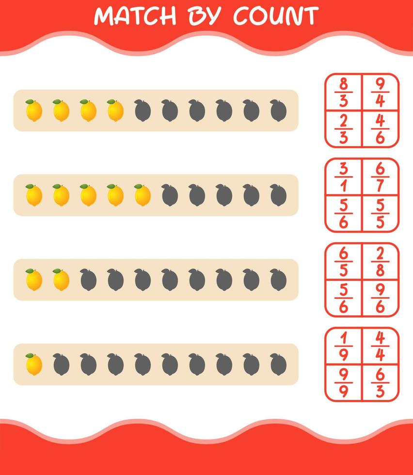 Match by count of cartoon lemon. Match and count game. Educational game for pre shool years kids and toddlers vector