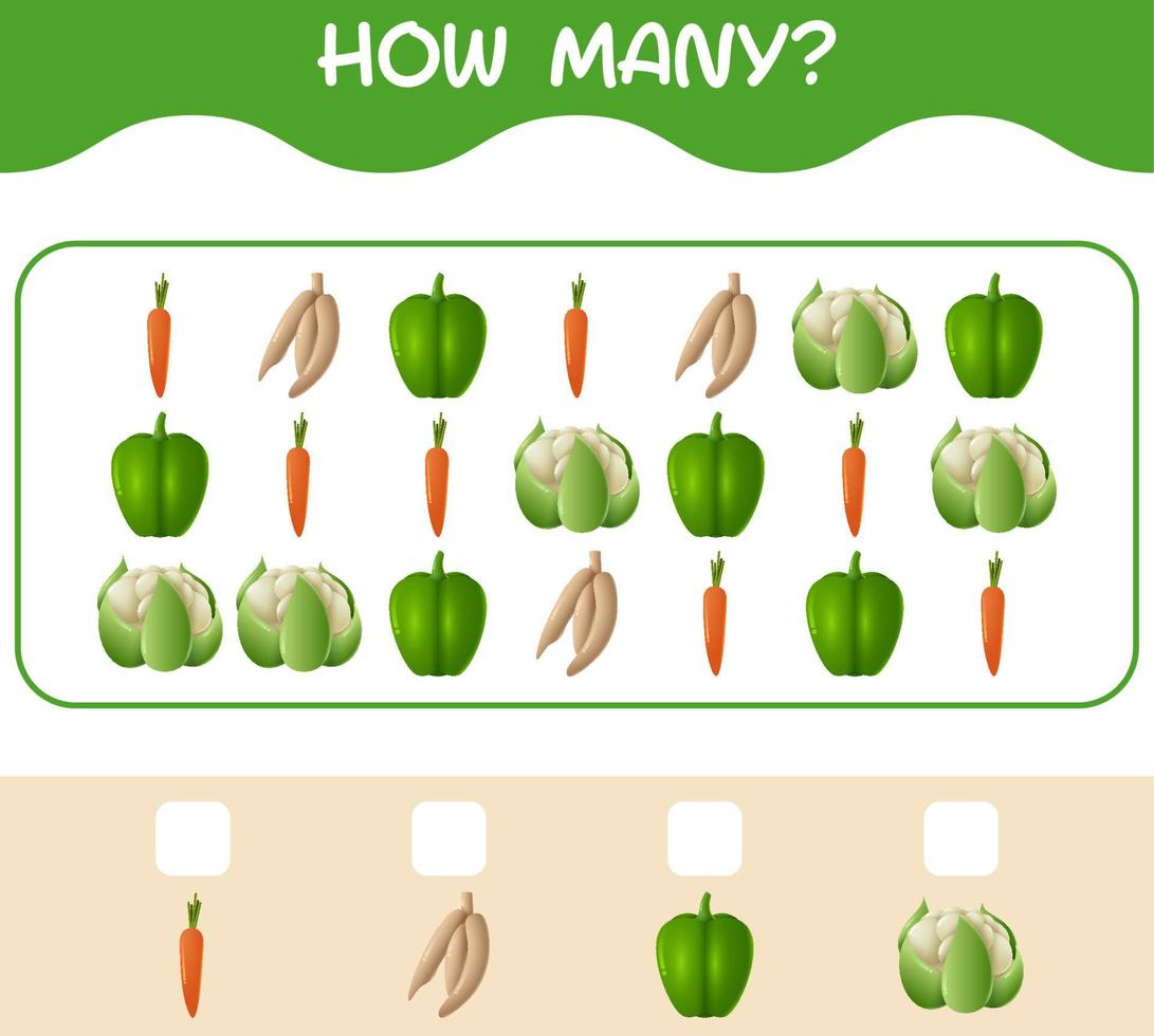 How many cartoon vegetables. Counting game. Educational game for pre shool years kids and toddlers vector