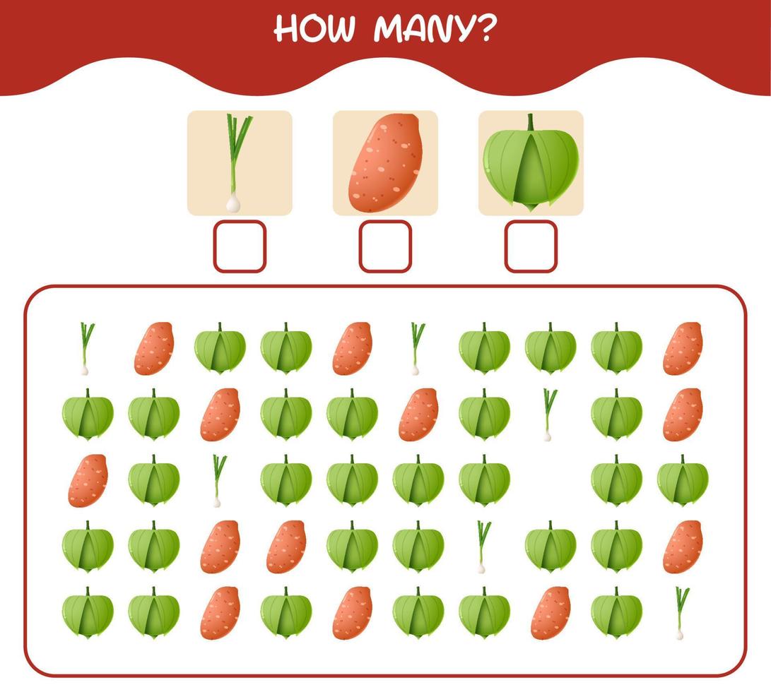 How many cartoon vegetables. Counting game. Educational game for pre shool years kids and toddlers vector