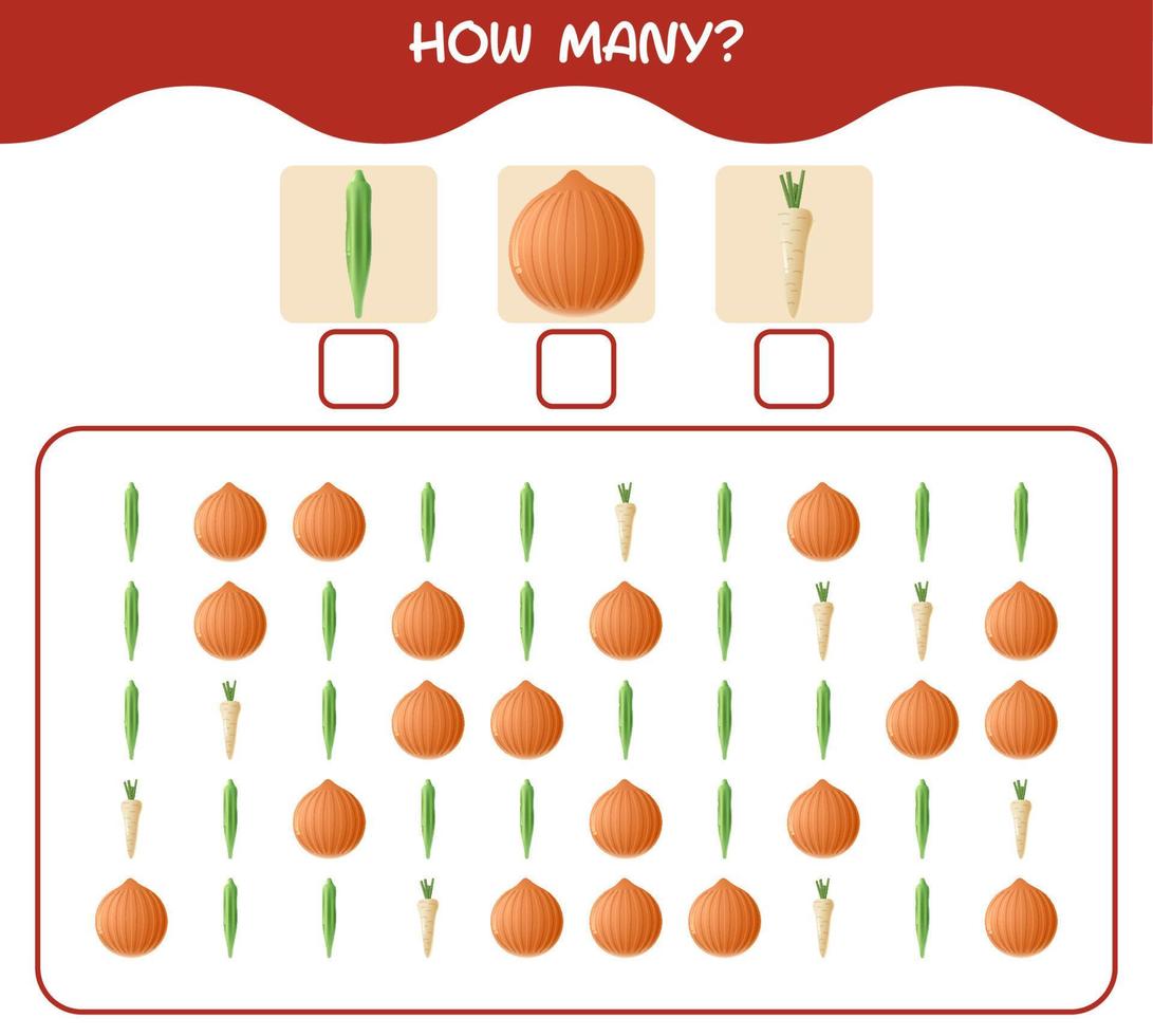 How many cartoon vegetables. Counting game. Educational game for pre shool years kids and toddlers vector