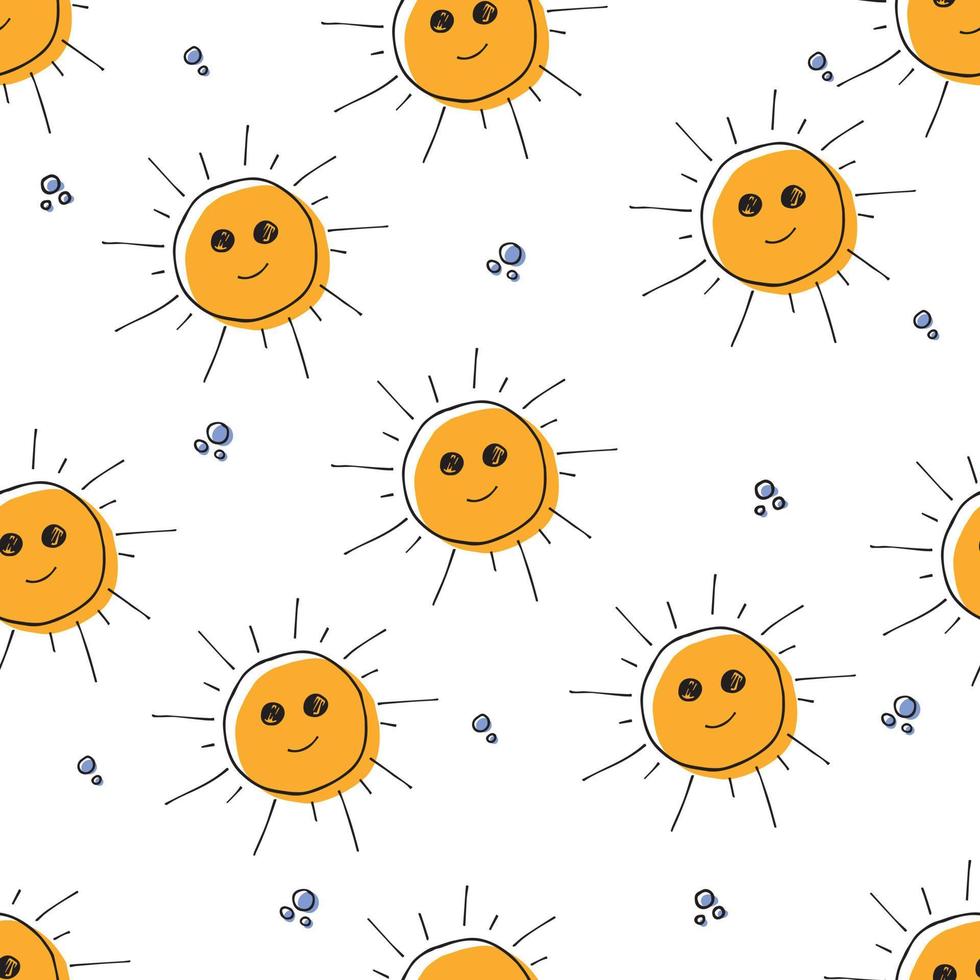 Colorful seamless summer pattern with hand-drawn elements such as the sun and bubbles. Fashion print design, vector illustration