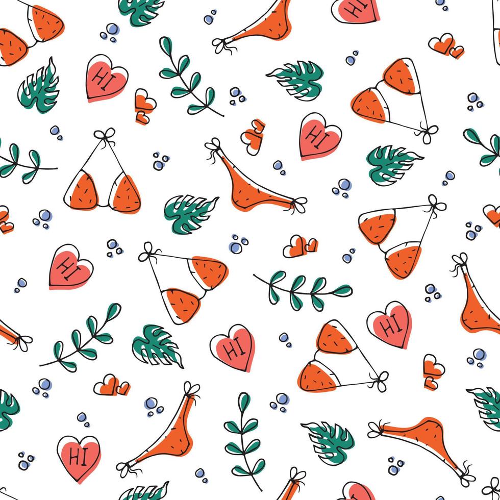 Vector pattern depicting summer aesthetics, swimsuit, plants, hearts.