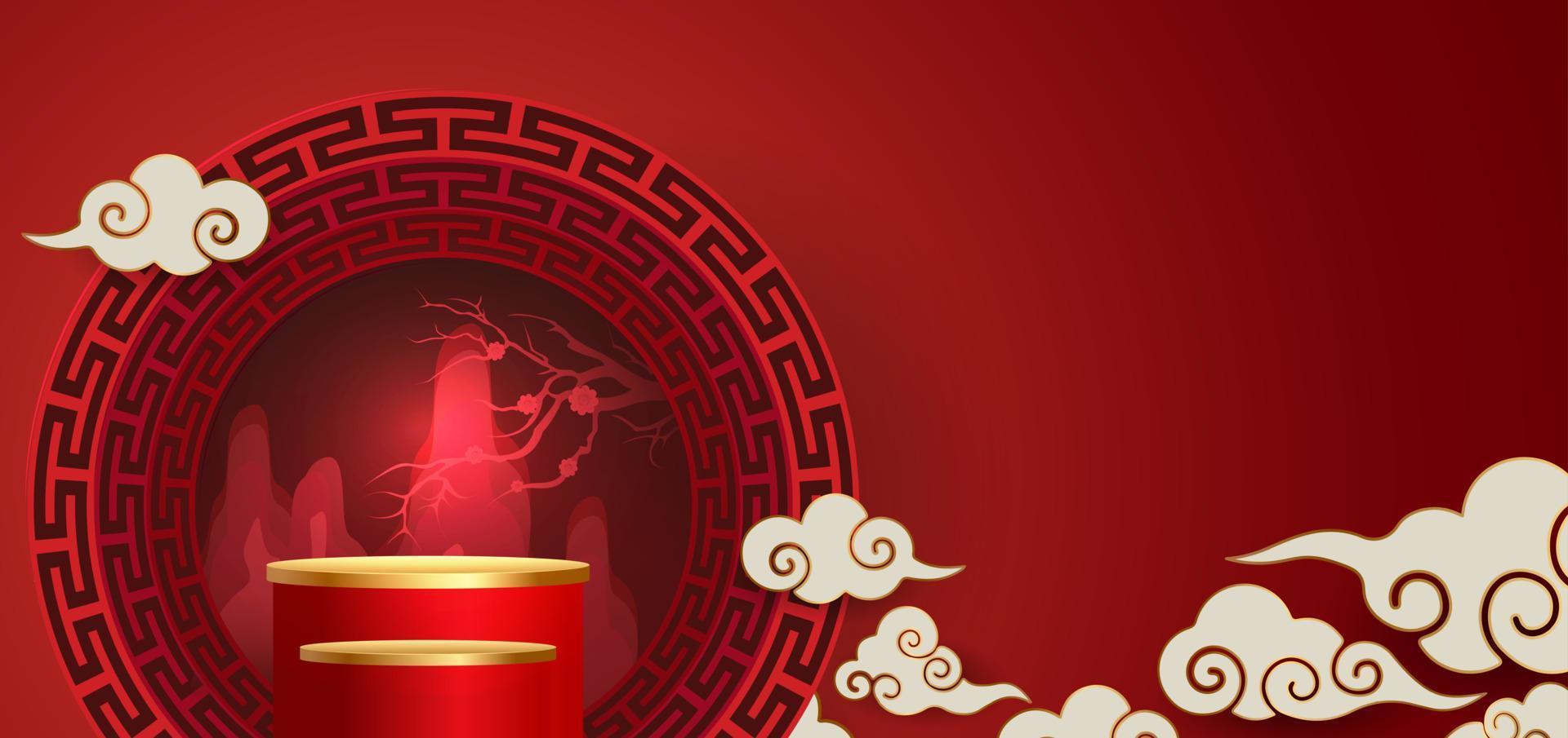 Podium and background for Chinese new year,Chinese Festivals, Mid Autumn Festival , flower and asian elements on background. vector