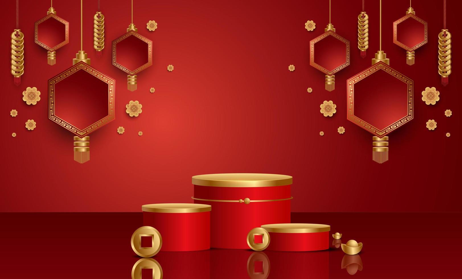 Podium and background for Chinese new year,Chinese Festivals, Mid Autumn Festival , flower and asian elements on background. vector
