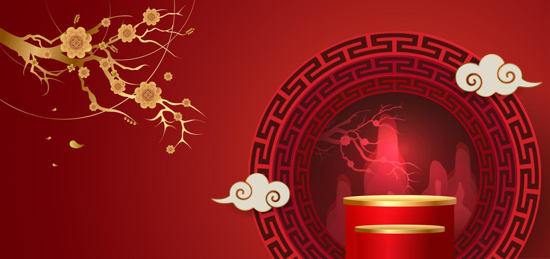 Podium and background for Chinese new year,Chinese Festivals, Mid Autumn Festival , flower and asian elements on background. vector