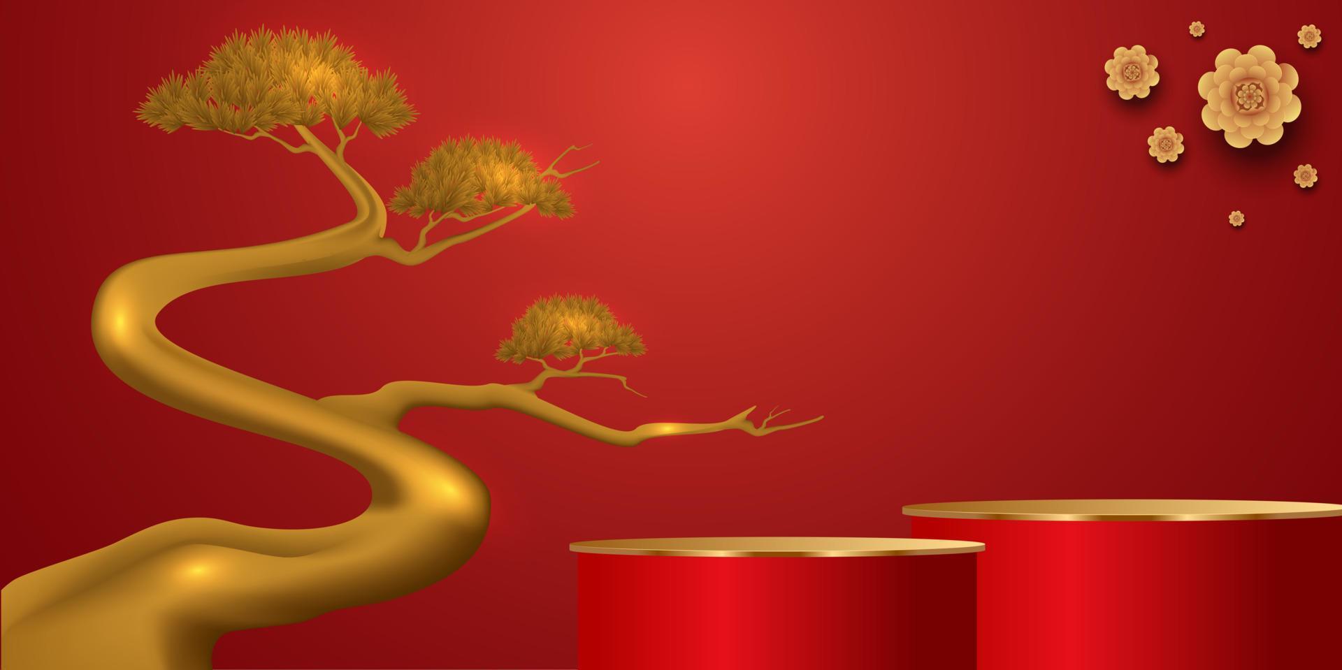Podium and background for Chinese new year,Chinese Festivals, Mid Autumn Festival , flower and asian elements on background. vector