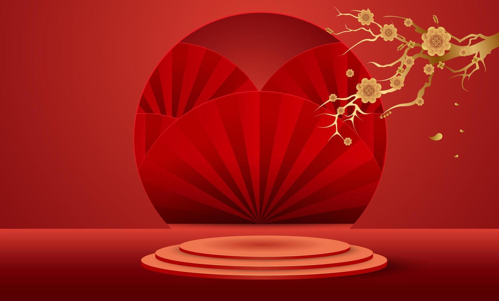 podio y fondo para el año nuevo chino, festivales chinos, festival del medio otoño, flores y elementos asiáticos en el fondo. vector
