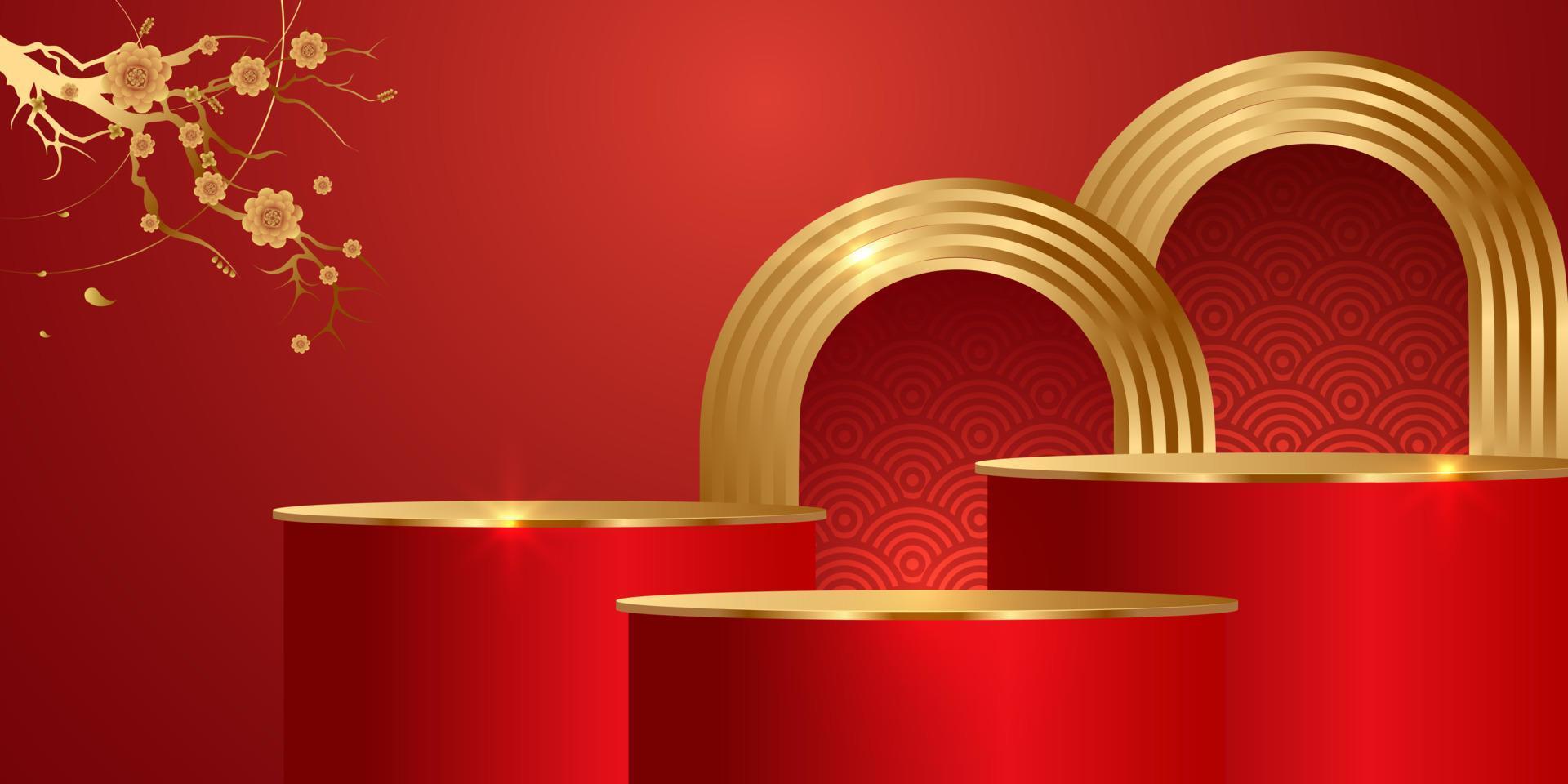 Podium and background for Chinese new year,Chinese Festivals, Mid Autumn Festival , flower and asian elements on background. vector