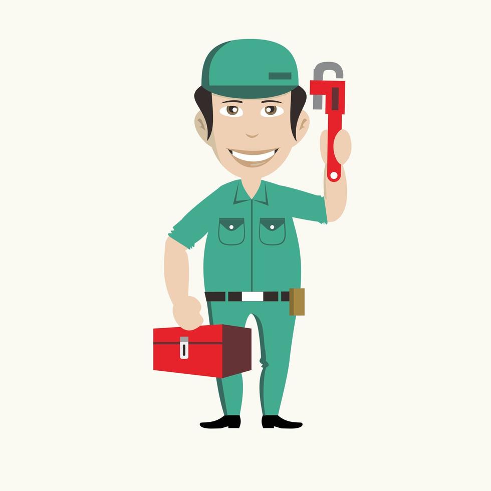 Illustration character Professional plumber Cartoon emotions and a toolbox in the other hand vector