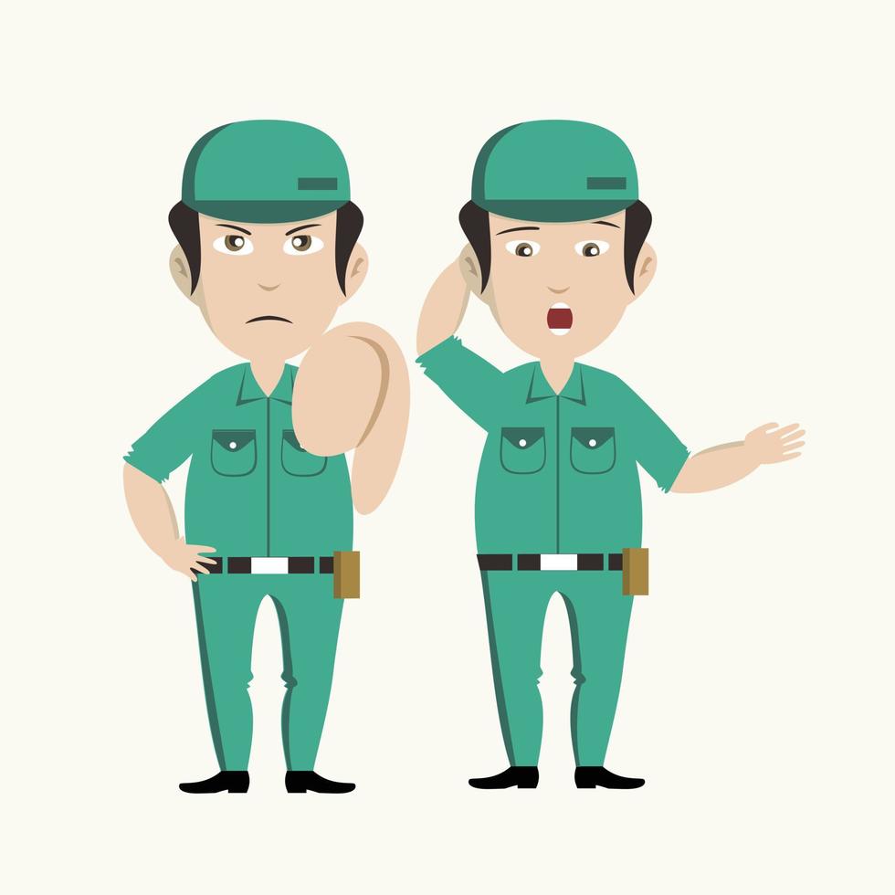 Illustration character Professional plumber Cartoon emotions and a toolbox in the other hand vector