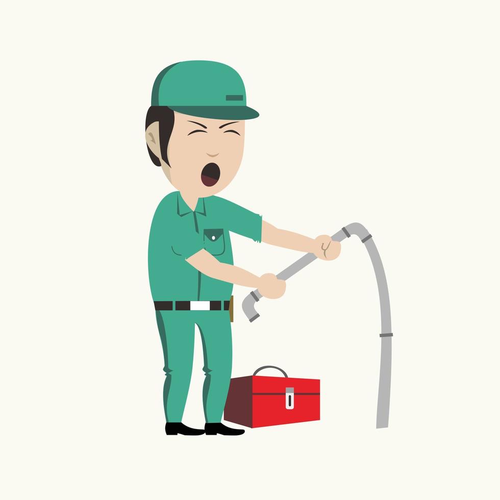 Illustration character Professional plumber Cartoon emotions and a toolbox in the other hand vector