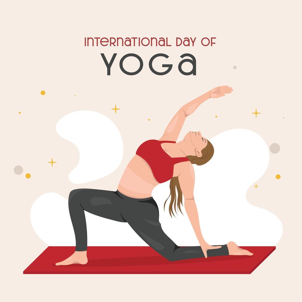 ilustración de una mujer haciendo asana para el día internacional del yoga el 21 de junio con fondo de loto vector