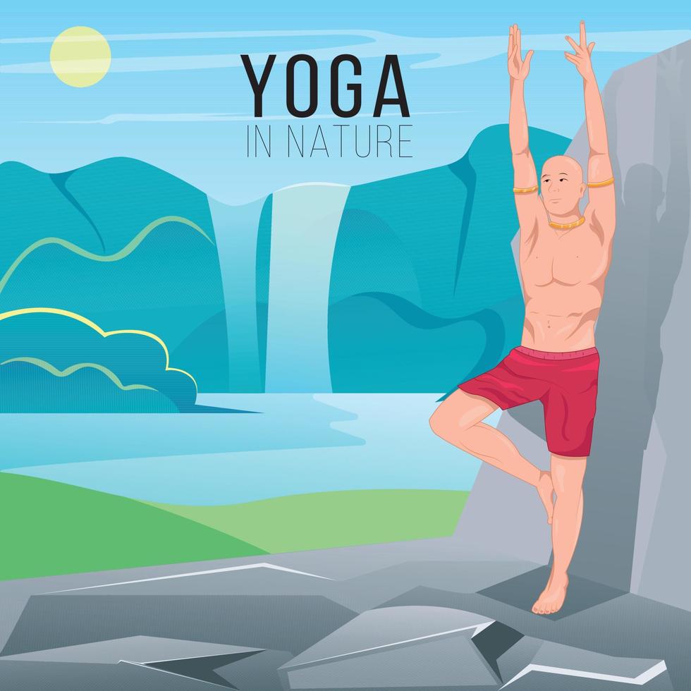 ilustración del hombre haciendo asana para el día internacional del yoga el 21 de junio en la naturaleza de la cascada vector
