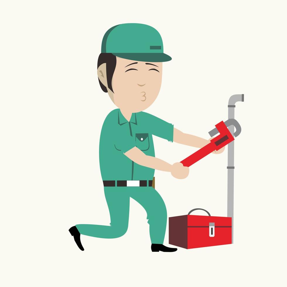 Illustration character Professional plumber Cartoon emotions and a toolbox in the other hand vector
