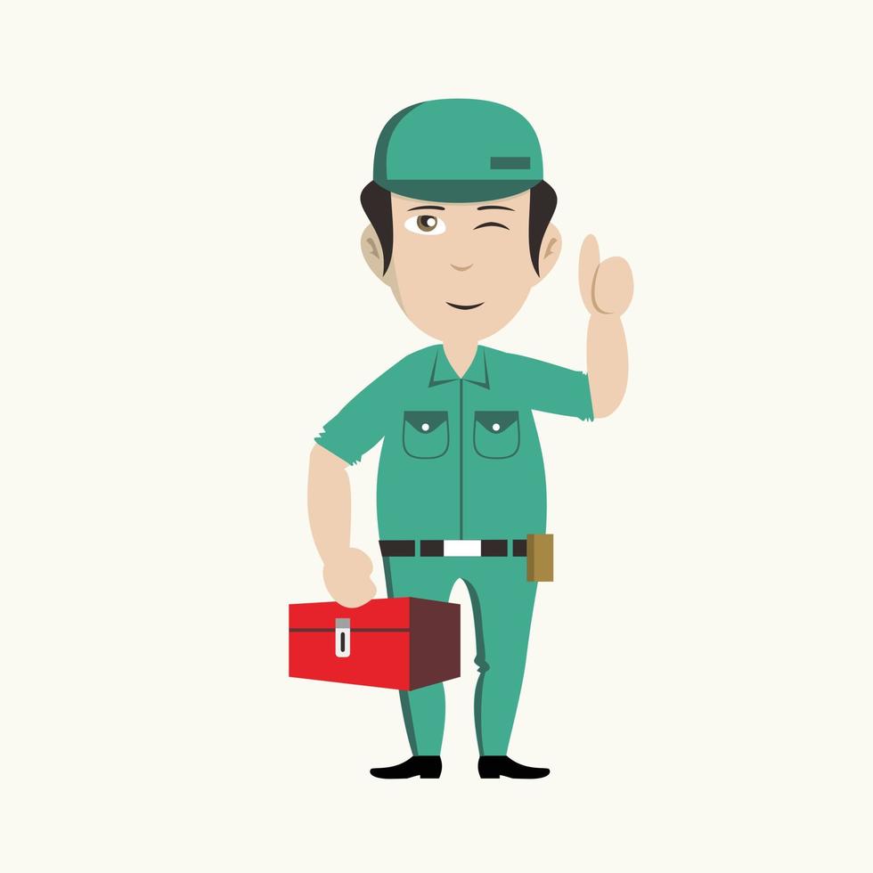 Illustration character Professional plumber Cartoon emotions and a toolbox in the other hand vector