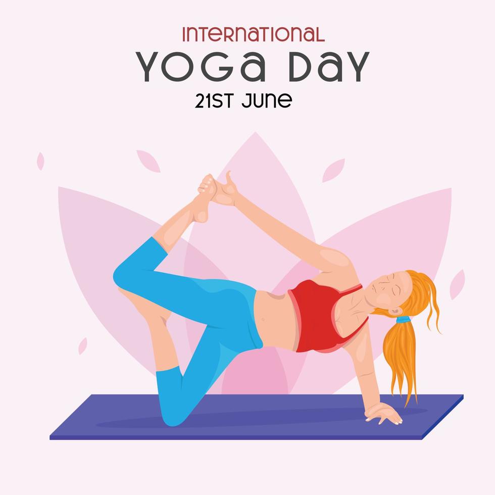 ilustración de una mujer haciendo asana para el día internacional del yoga el 21 de junio con fondo de loto vector