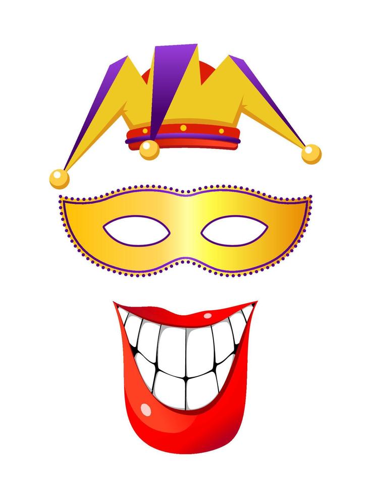 cap of buffoon, theater mask and smile with teeth vector