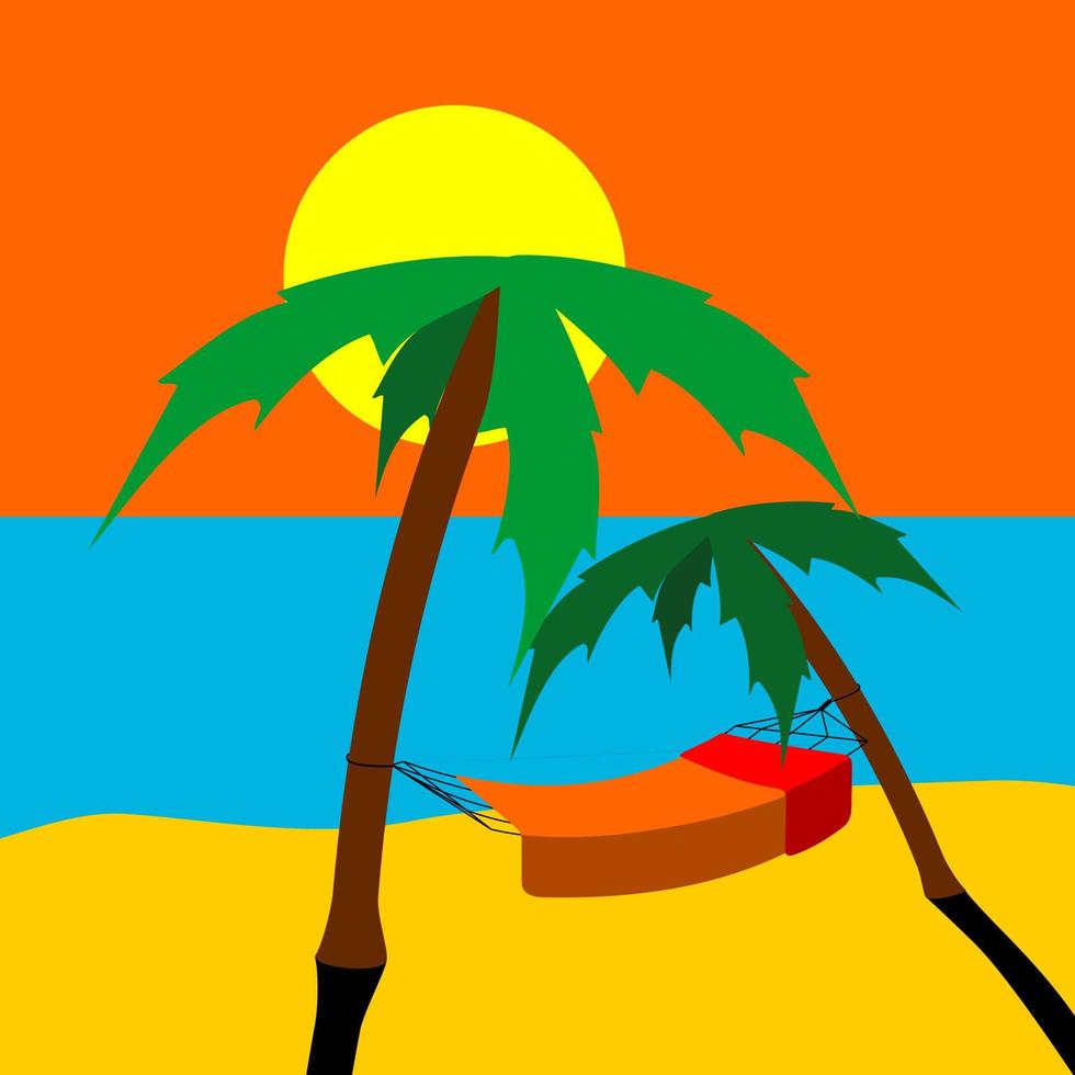 Beach, sea, palm trees, sun and hammock vector