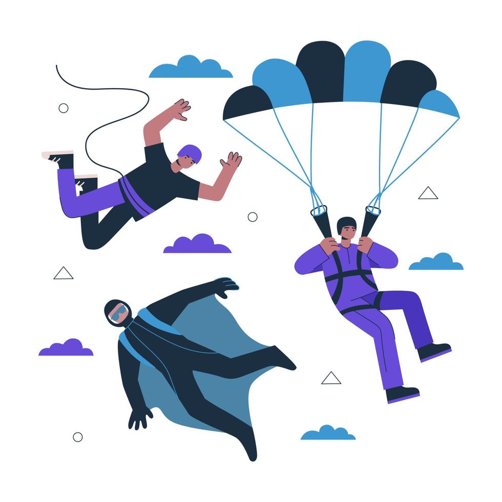 juego de deportes extremos de aire. puente bungee de hombres jóvenes con parapente y basejumper de cuerda. chicos volando en caída libre. persona en parapente con paracaídas. salto base hipster con traje de alas. vector eps de paracaidismo