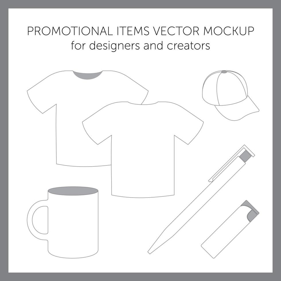 Blank design templates for presentation or logos. White vector t-shirt, cap, mug, pen, lighter