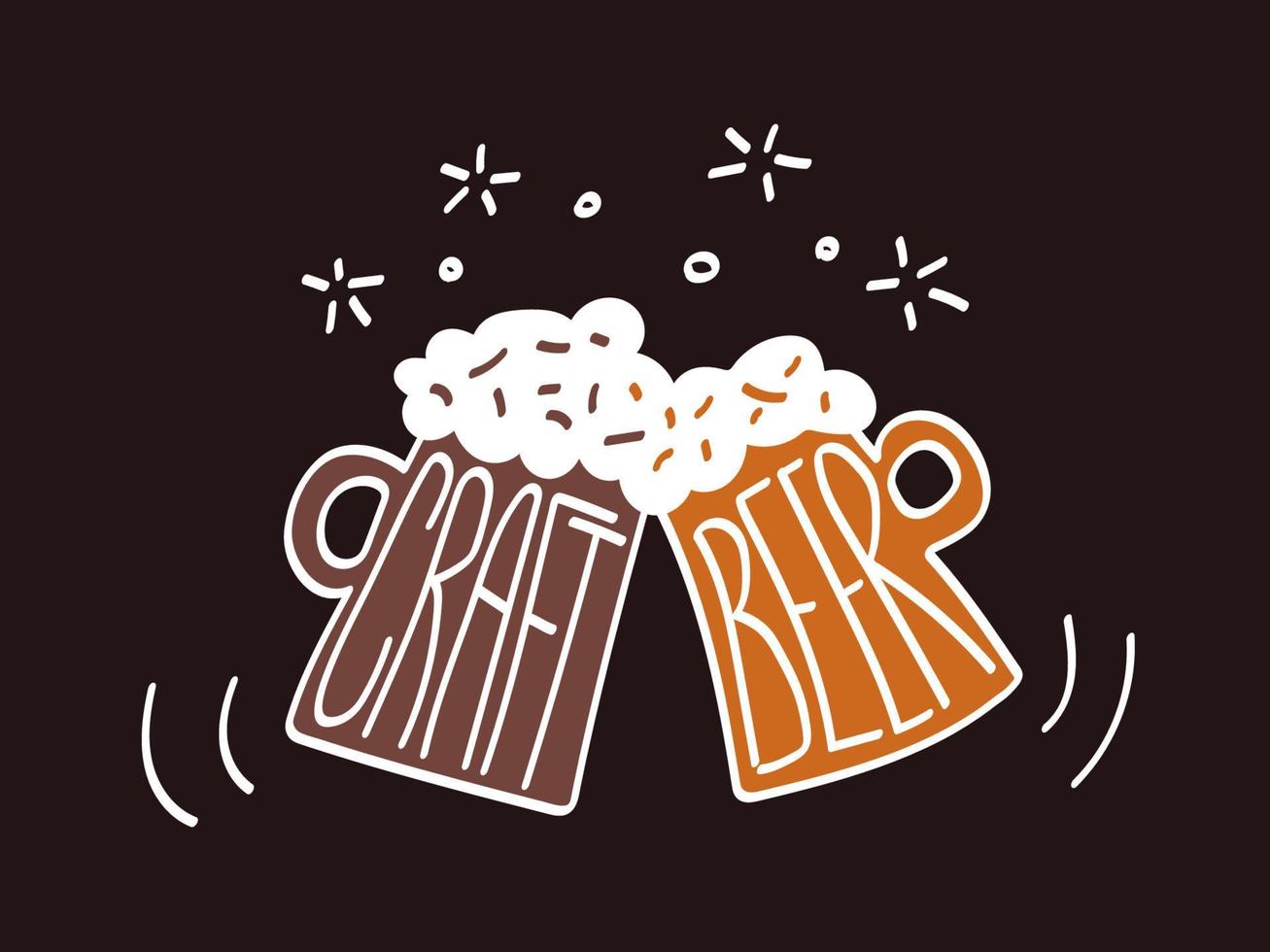 Two clink glasses mug of craft beer with foam. Inverse vector illustration on dark background