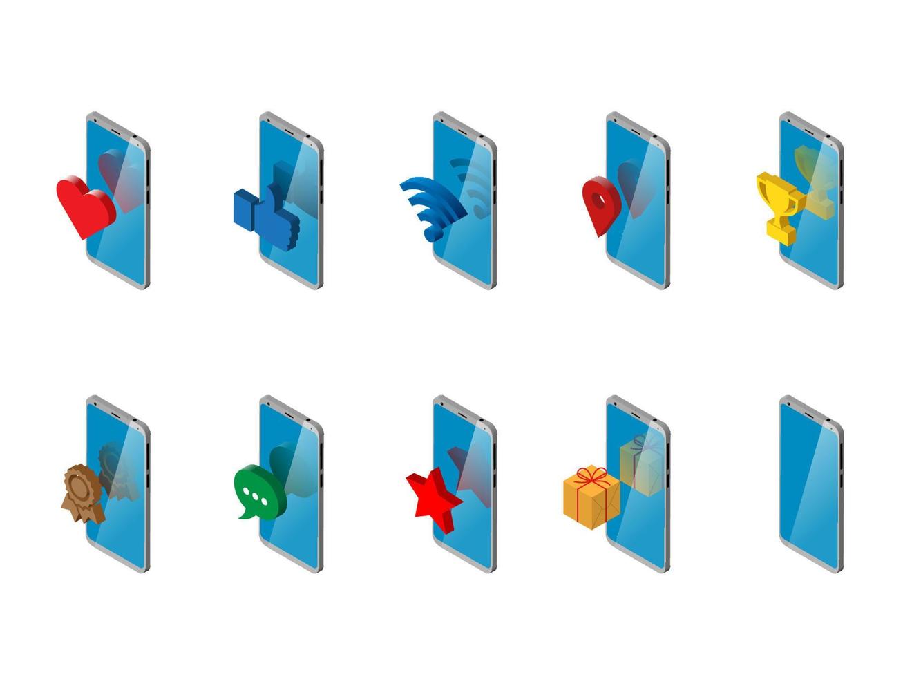 smartphone with heart icons, like, finger, up, wifi, location, medal, Cup, message, star, gift box. isometry. set vector