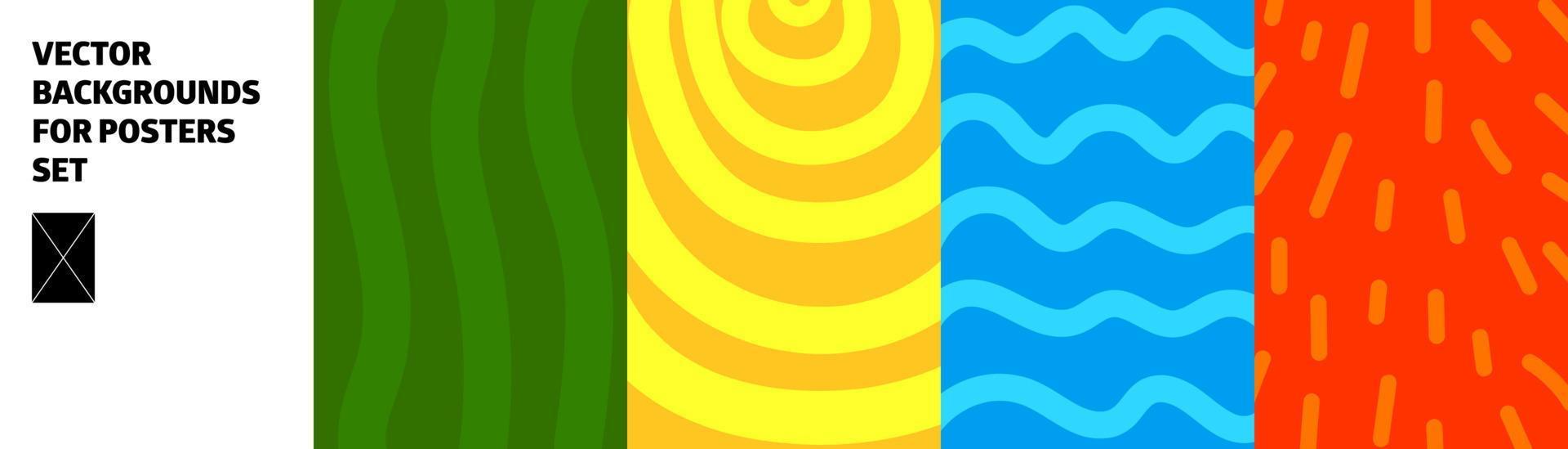 Vector background for posters. set. Yellow, green, blue, red background. Wave, sun, grass, sun rays
