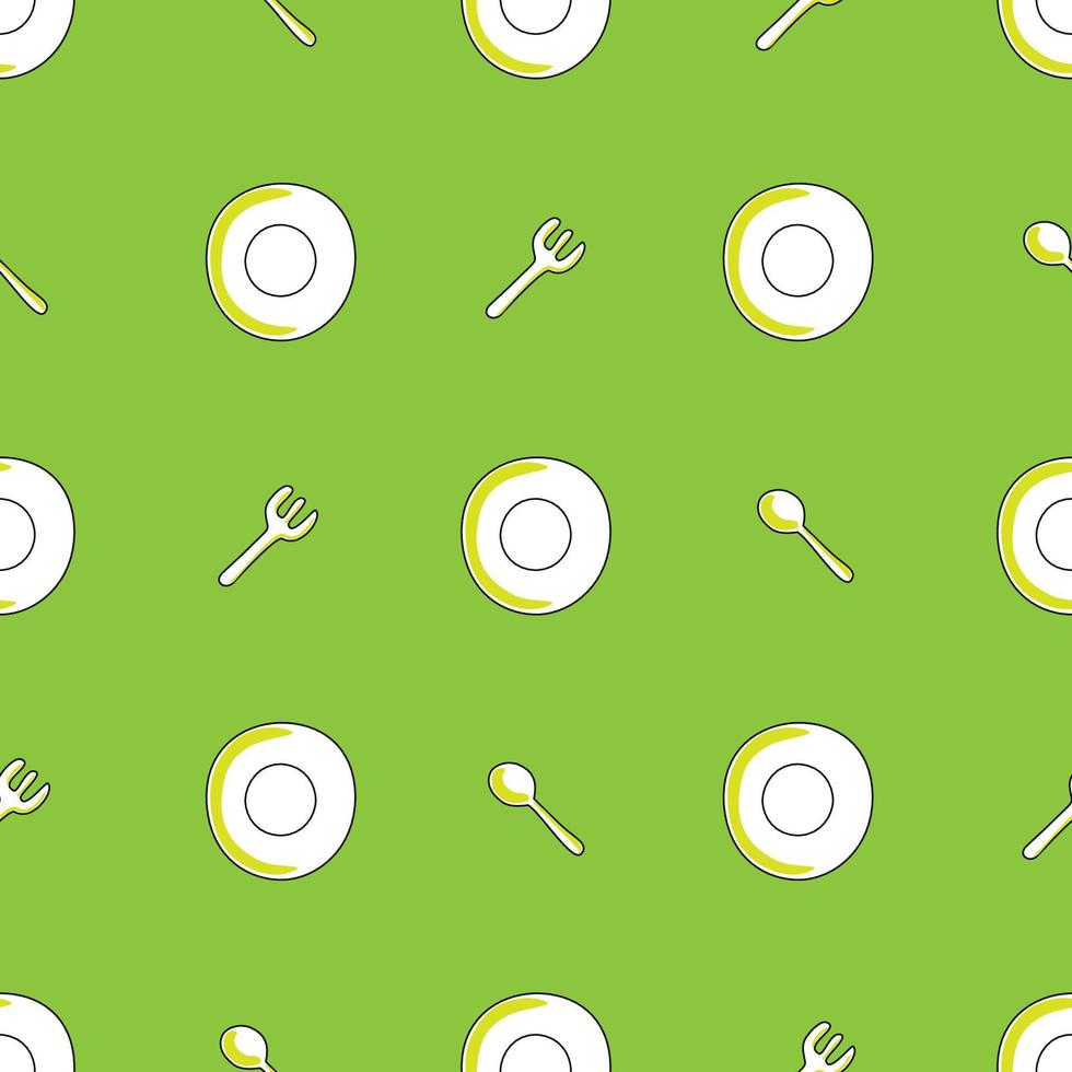 Spoon fork plate on table with green tablecloth seamless pattern vector