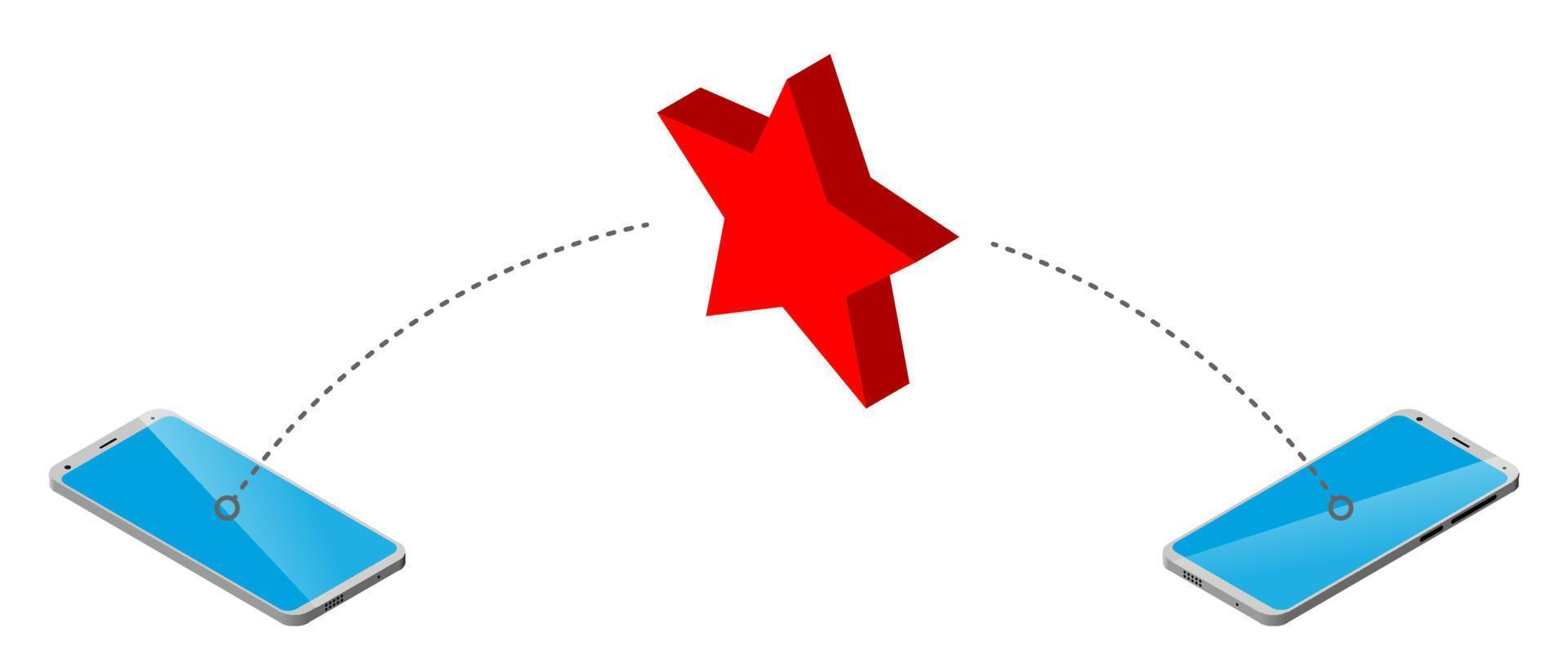 icon is red Star between two smartphones. isometry, isolated.message transmission vector