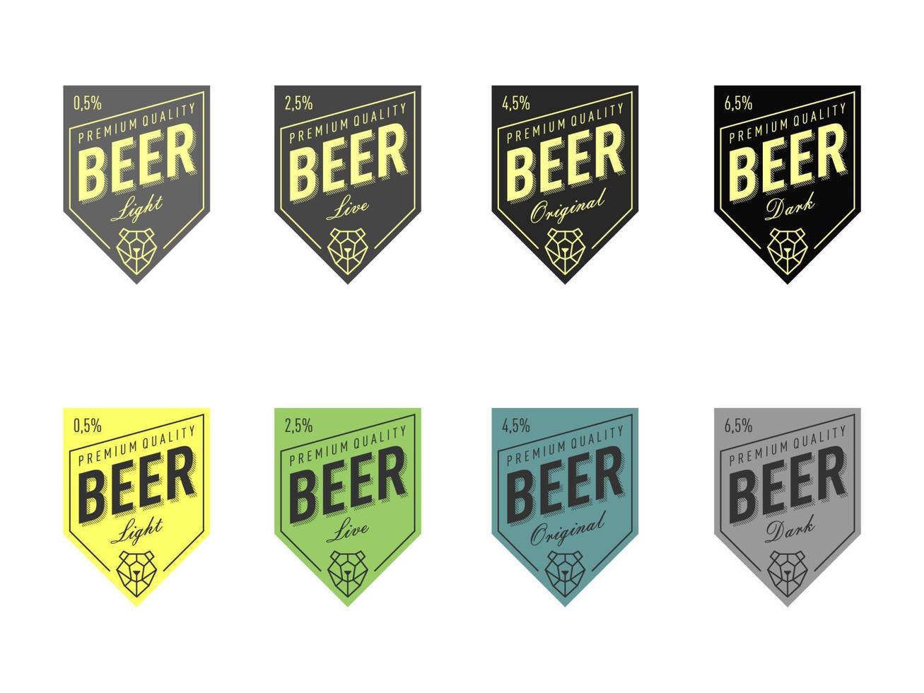 diseño de etiquetas de cerveza con estilo de línea poligonal de cabeza de oso. conjunto de colores diferentes. oscuro, claro, original, vivo vector