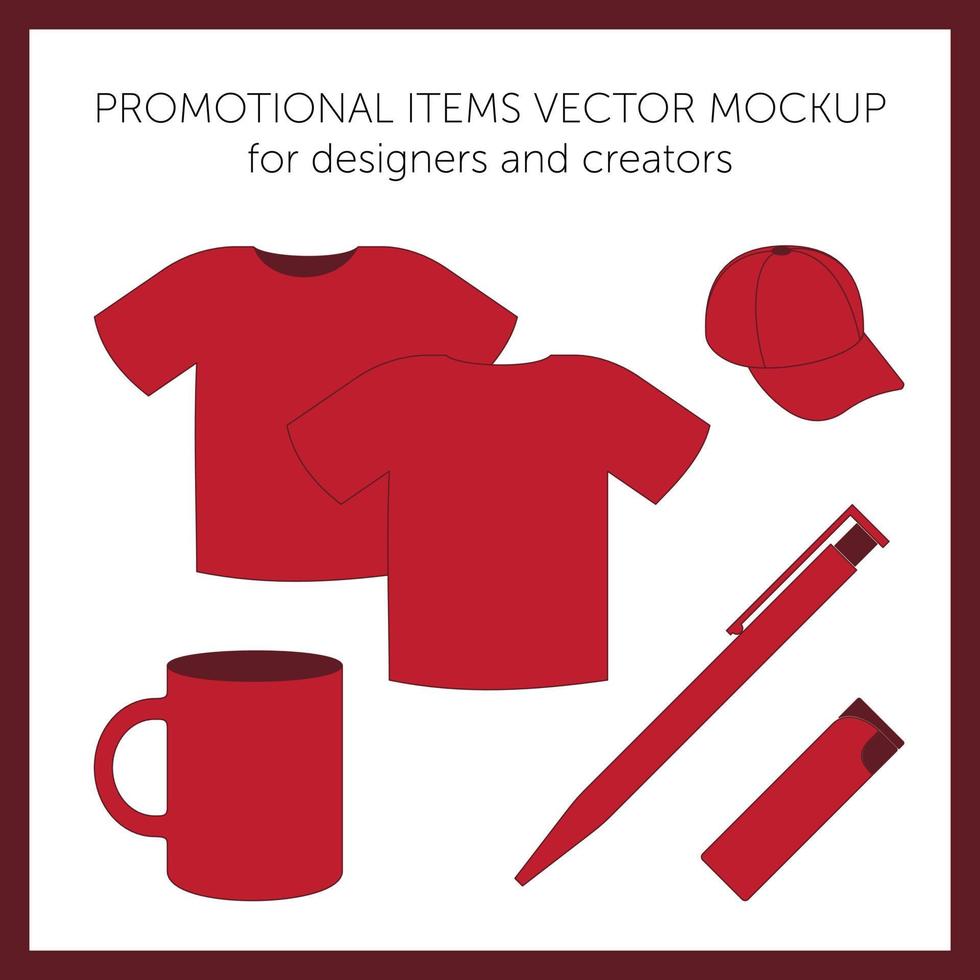 Blank design templates for presentation or logos. Red vector t-shirt, cap, mug, pen, lighter