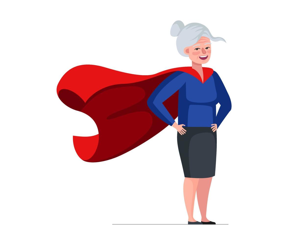 mujer mayor en traje de superhéroe con capa roja. super heroína anciana. anciana fuerte y saludable. gran héroe jubilado abuelita. jubilado senior alegre que tiene superpoderes. abuela divertida activa vector