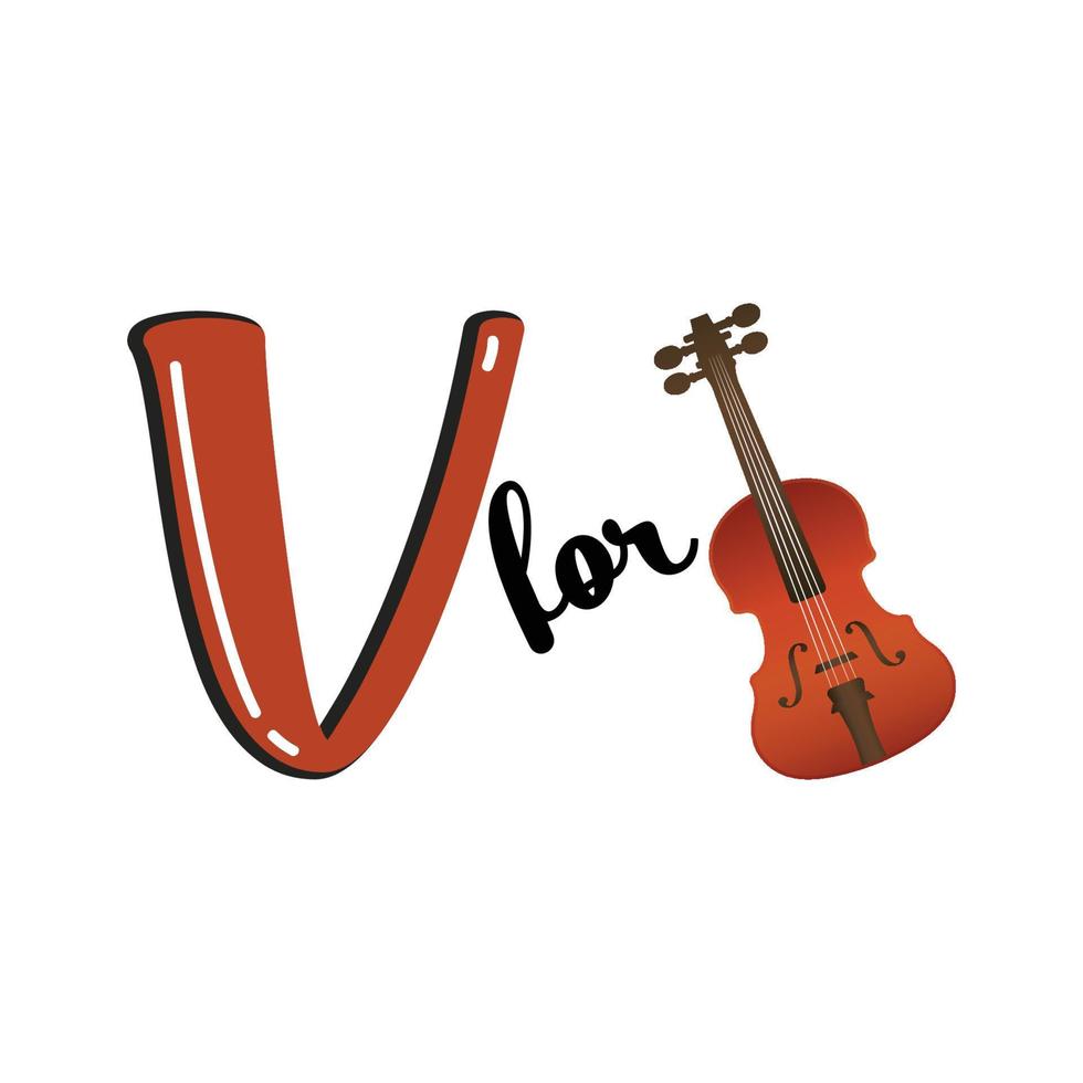 v para violín, letra v e ilustración vectorial de violín, diseño alfabético para niños vector