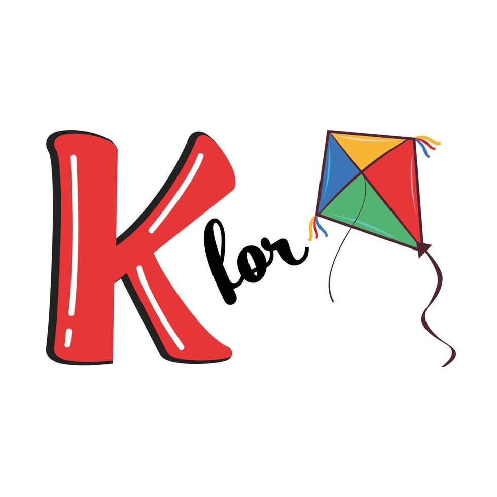 K for Kite, K Letter and Kite Vector Illustration, Alphabet Design For Children