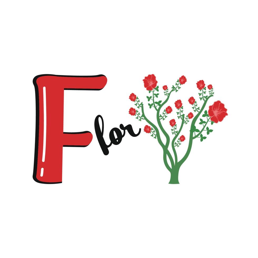 F for Flower, F Letter and Flower Vector Illustration Alphabet Design For Children