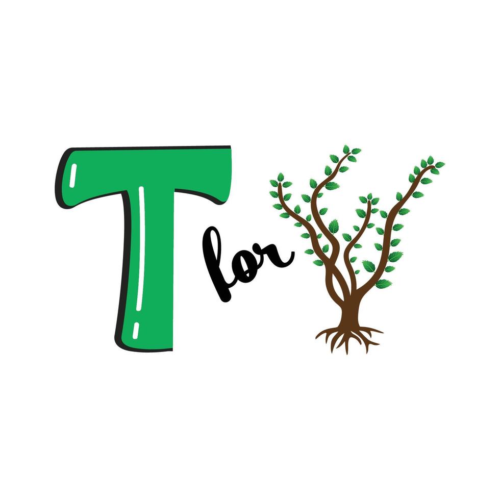 T for Tree, T Letter and Tree Vector Illustration, Alphabet Design For Children