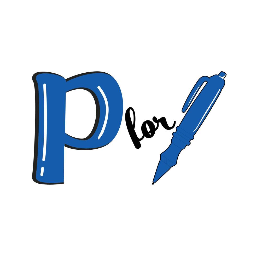 P for Pen, P Letter and Pen Vector Illustration, Alphabet Design For Children