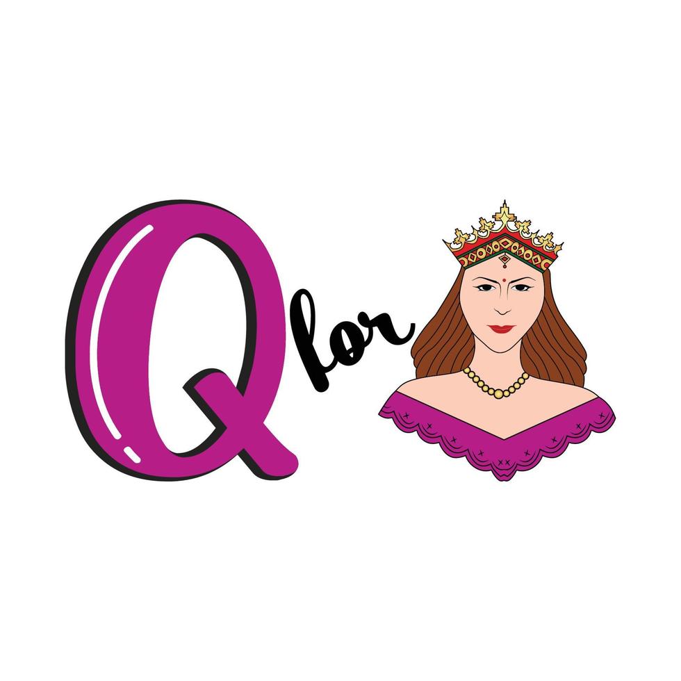 Q for Queen, Q Letter and Queen Vector Illustration, Alphabet Design For Children