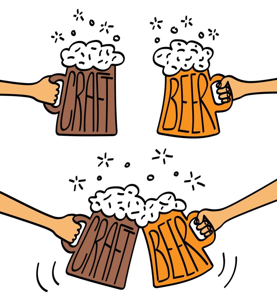 hands holding mugs of craft beer with foam. Cartoon. light and dark beer. Festival Concept. Flat Vector Illustration