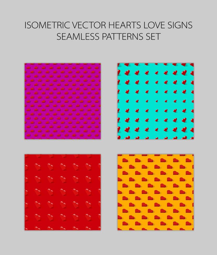 Isometric hearts seamless pattern set vector pink blue red orange background