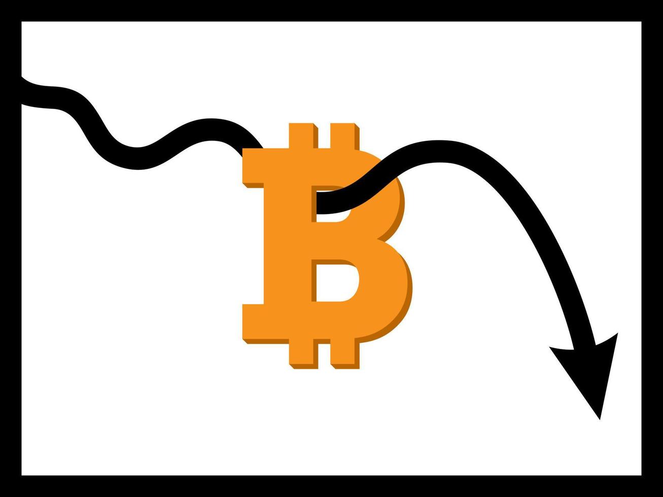 flecha de línea de tendencia bajista a través del signo de bitcoin en el diseño de icono plano de vector de fondo de color blanco