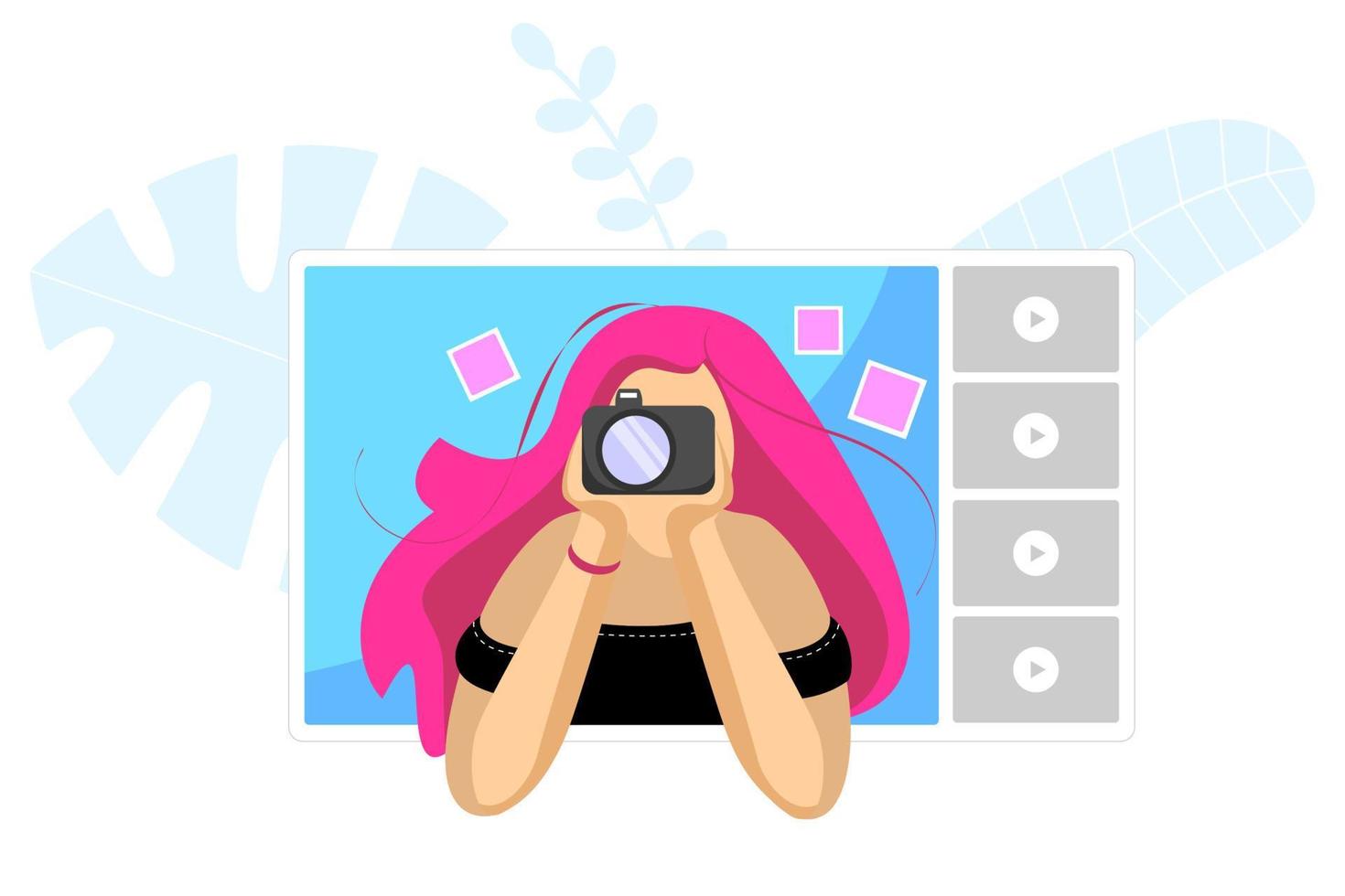 Blogger girl with photo camera on online video player interface. Female photographer web streaming. Beautiful woman photographing live stream tutorial. Influencer broadcast vlogger channel. Vector