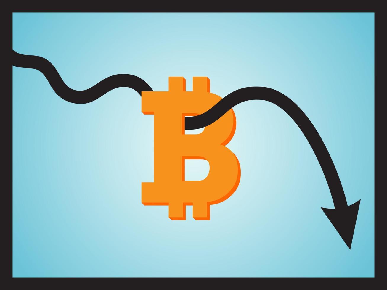 Downtrend line arrow through bitcoin sign on blue color background vector flat icon design