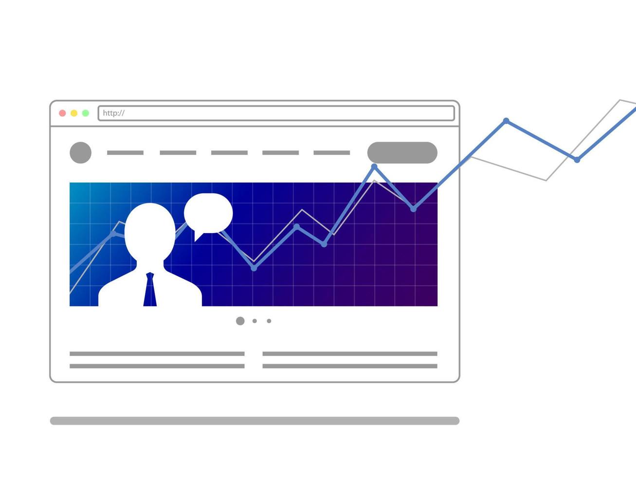 plantilla de sitio web de noticias con horario creciente, foto, texto. concepto de navegador web. gráfico de crecimiento del intercambio de acciones vector